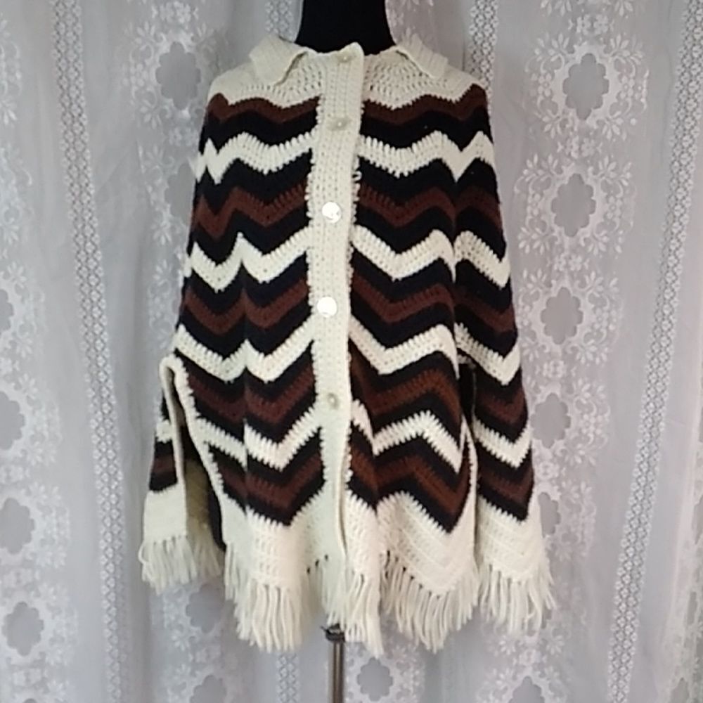 Vintage 70s Striped Knit Crochet Top Sweater Cape Handmade Women One Size